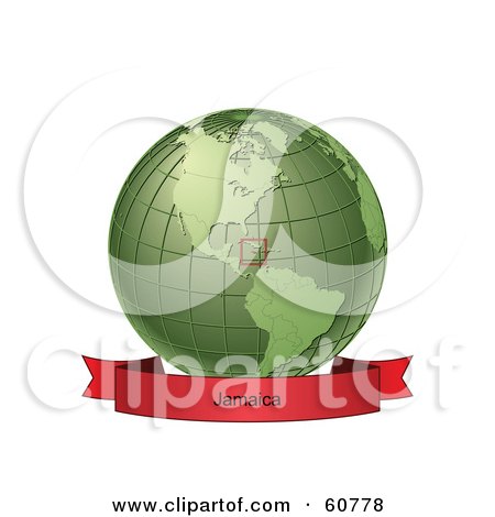 Royalty-Free (RF) Clipart Illustration of a Red Jamaica Banner Along The Bottom Of A Green Grid Globe by Michael Schmeling