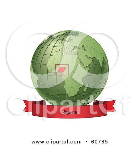 Royalty-Free (RF) Clipart Illustration of a Red Nigeria Banner Along The Bottom Of A Green Grid Globe by Michael Schmeling