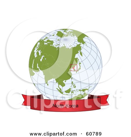 Royalty-Free (RF) Clipart Illustration of a Red North Korea Banner Along The Bottom Of A Grid Globe by Michael Schmeling