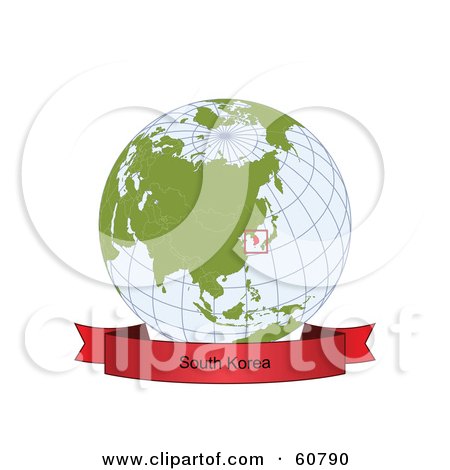 Royalty-Free (RF) Clipart Illustration of a Red South Korea Banner Along The Bottom Of A Grid Globe by Michael Schmeling