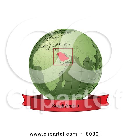 Royalty-Free (RF) Clipart Illustration of a Red Saudi Arabia Banner Along The Bottom Of A Green Grid Globe by Michael Schmeling