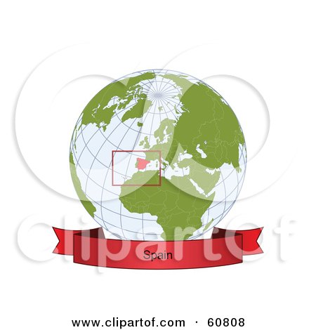 Royalty-Free (RF) Clipart Illustration of a Red Spain Banner Along The Bottom Of A Grid Globe by Michael Schmeling