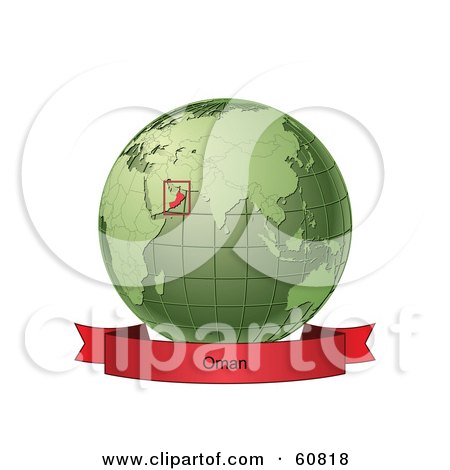 Royalty-Free (RF) Clipart Illustration of a Red Oman Banner Along The Bottom Of A Green Grid Globe by Michael Schmeling