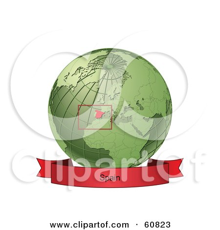 Royalty-Free (RF) Clipart Illustration of a Red Spain Banner Along The Bottom Of A Green Grid Globe by Michael Schmeling