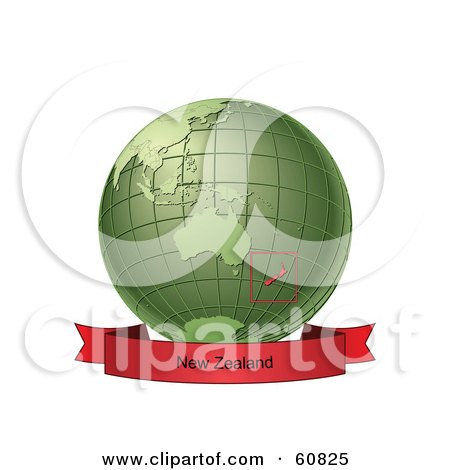 Royalty-Free (RF) Clipart Illustration of a Red New Zealand Banner Along The Bottom Of A Green Grid Globe by Michael Schmeling