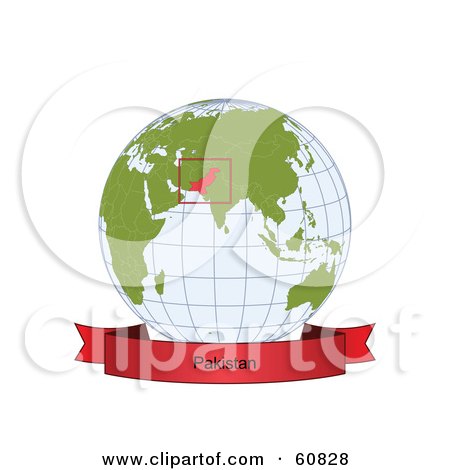 Royalty-Free (RF) Clipart Illustration of a Red Pakistan Banner Along The Bottom Of A Grid Globe by Michael Schmeling