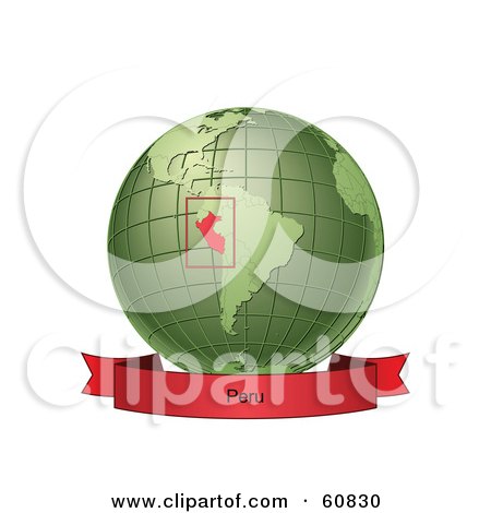 Royalty-Free (RF) Clipart Illustration of a Red Peru Banner Along The Bottom Of A Green Grid Globe by Michael Schmeling
