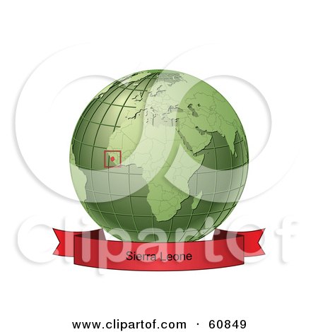 Royalty-Free (RF) Clipart Illustration of a Red Sierra Leone Banner Along The Bottom Of A Green Grid Globe by Michael Schmeling