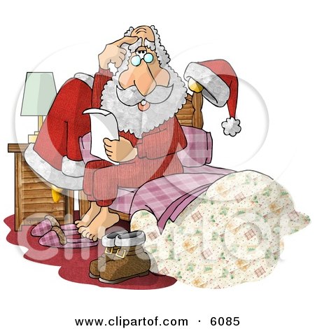 Overwhelmed Santa Claus Sitting on Bed with Letter Clipart Picture by djart