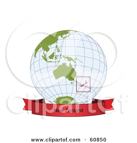 Royalty-Free (RF) Clipart Illustration of a Red New Zealand Banner Along The Bottom Of A Grid Globe by Michael Schmeling