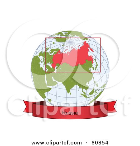 Royalty-Free (RF) Clipart Illustration of a Red Russia Banner Along The Bottom Of A Grid Globe by Michael Schmeling