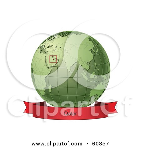 Royalty-Free (RF) Clipart Illustration of a Red Qatar Banner Along The Bottom Of A Green Grid Globe by Michael Schmeling