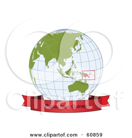 Royalty-Free (RF) Clipart Illustration of a Red Papua New Guinea Banner Along The Bottom Of A Grid Globe by Michael Schmeling