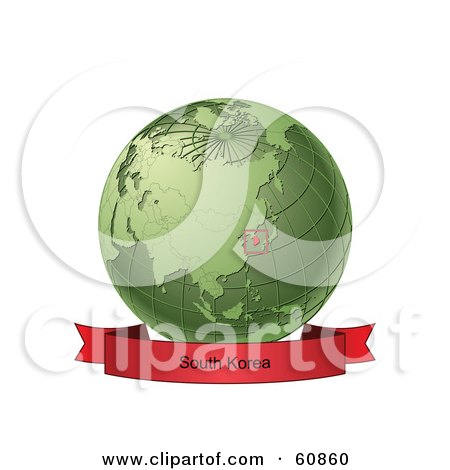 Royalty-Free (RF) Clipart Illustration of a Red South Korea Banner Along The Bottom Of A Green Grid Globe by Michael Schmeling