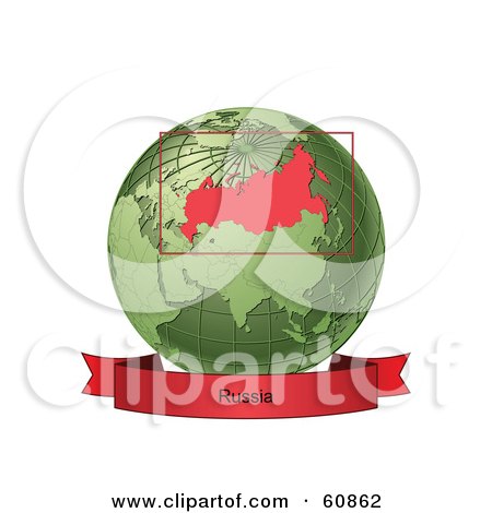 Royalty-Free (RF) Clipart Illustration of a Red Russia Banner Along The Bottom Of A Green Grid Globe by Michael Schmeling