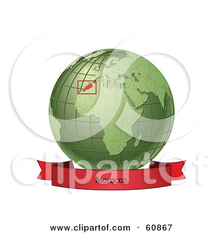 Royalty-Free (RF) Clipart Illustration of a Red Morocco Banner Along The Bottom Of A Green Grid Globe by Michael Schmeling