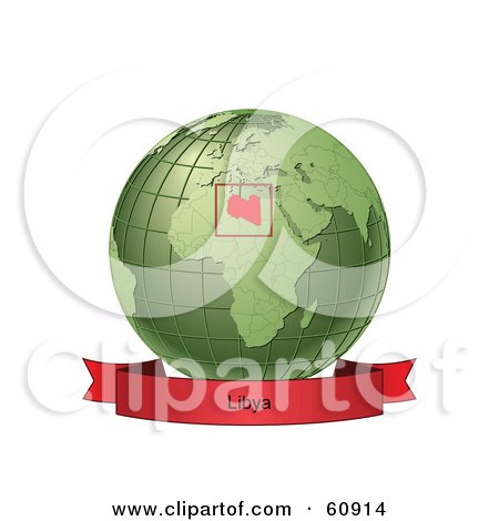Royalty-Free (RF) Clipart Illustration of a Red Libya Banner Along The Bottom Of A Green Grid Globe by Michael Schmeling