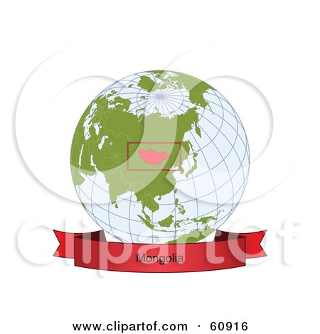 Royalty-Free (RF) Clipart Illustration of a Red Mongolia Banner Along The Bottom Of A Green Grid Globe by Michael Schmeling