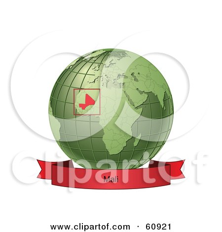 Royalty-Free (RF) Clipart Illustration of a Red Mali Banner Along The Bottom Of A Green Grid Globe by Michael Schmeling