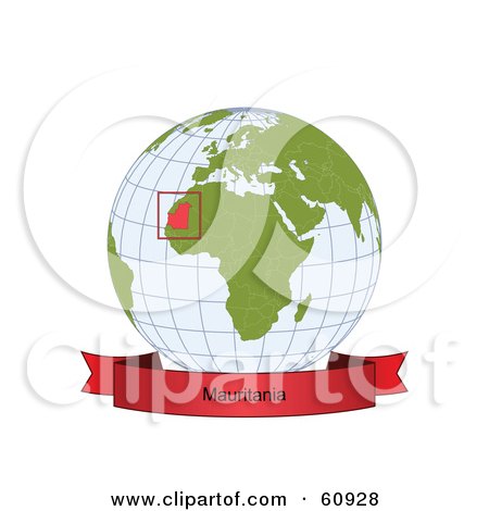 Royalty-Free (RF) Clipart Illustration of a Red Mauritania Banner Along The Bottom Of A Grid Globe by Michael Schmeling