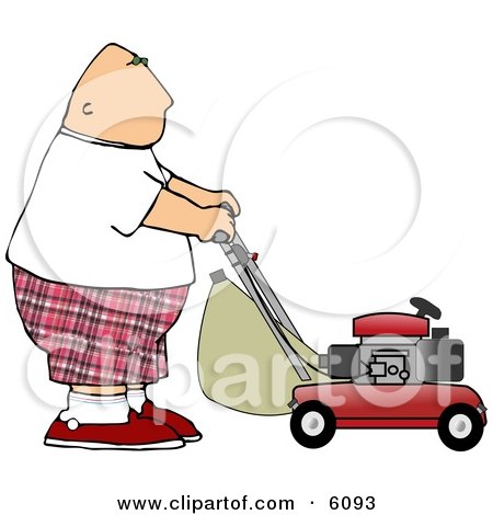 Fat Bald Man Mowing Lawn Clipart Picture by djart #6093