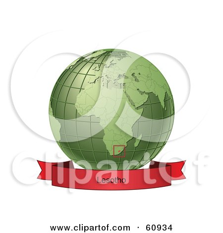 Royalty-Free (RF) Clipart Illustration of a Red Lesotho Banner Along The Bottom Of A Green Grid Globe by Michael Schmeling