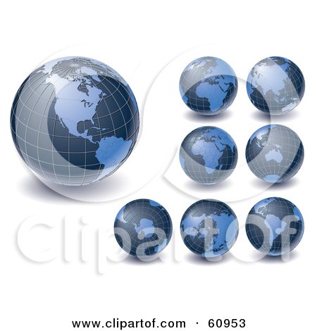 Royalty-Free (RF) Clipart Illustration of a Digital Collage Of Blue Grid Globes Featuring Different Continents by Michael Schmeling