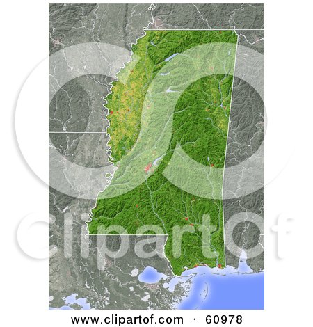 Royalty-free (RF) Clipart Illustration of a Shaded Relief Map Of The State Of Mississippi by Michael Schmeling