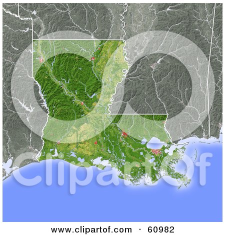 Royalty-free (RF) Clipart Illustration of a Shaded Relief Map Of The State Of Louisiana by Michael Schmeling