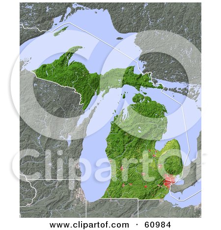 Royalty-free (RF) Clipart Illustration of a Shaded Relief Map Of The State Of Michigan by Michael Schmeling
