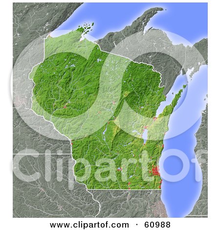 Royalty-free (RF) Clipart Illustration of a Shaded Relief Map Of The State Of Wisconsin by Michael Schmeling