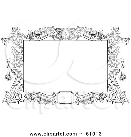 Royalty-free (RF) Clipart Illustration of a Beautiful Black And White Floral Scroll Frame Around A Blank Text Box by pauloribau