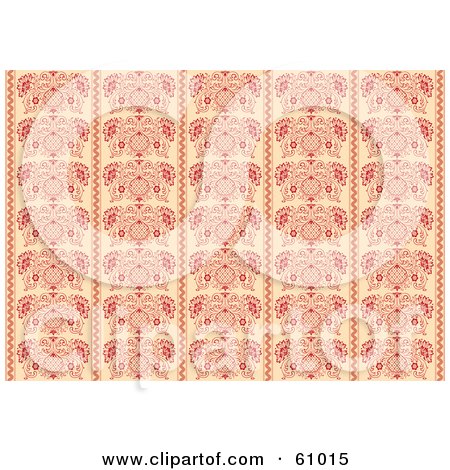 Royalty-free (RF) Clipart Illustration of a Background Pattern Of Ornate Red Flourish Panels On Beige by pauloribau