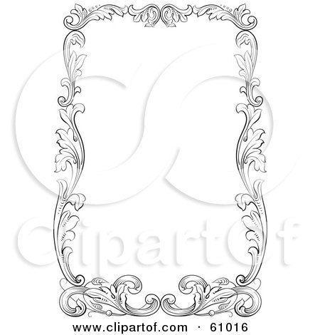 Royalty-free (RF) Clipart Illustration of a Thick Black And White Leafy Scroll Border Around White by pauloribau