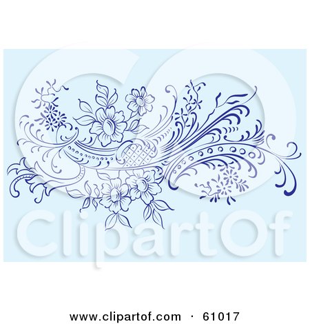 Royalty-free (RF) Clipart Illustration of a Floral Scroll Background Of Flowering Vines On Blue by pauloribau