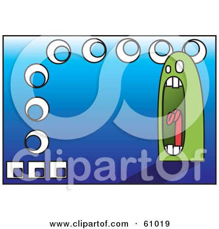 Royalty-free (RF) Clipart Illustration of a Screaming Green Blob On A Blue Background With White Circles And Squares by pauloribau