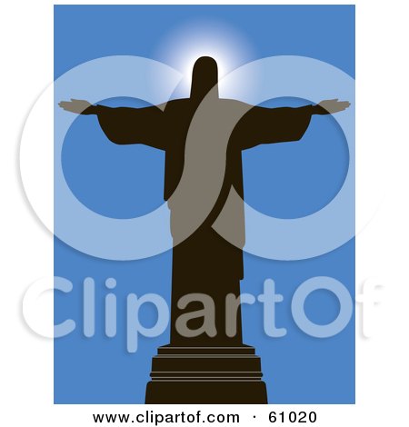 Royalty-free (RF) Clipart Illustration of a Religious Silhouetted Statue Of Jesus Christ Against A Blue Sky by pauloribau