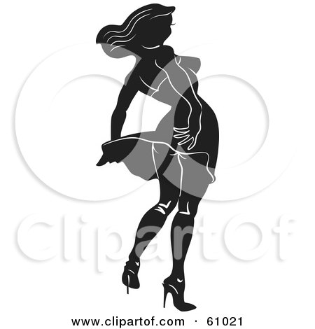 Royalty-free (RF) Clipart Illustration of a Sexy Black And White Female Silhouette Looking Back With Her Dress Bowing Up by pauloribau