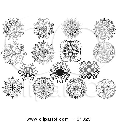 Royalty-free (RF) Clipart Illustration of a Digital Collage Of Black And White Ornate Medallion Designs by pauloribau