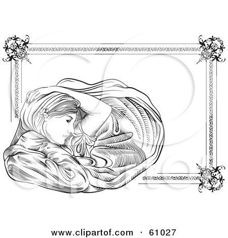 Royalty-free (RF) Clipart Illustration of a Beautiful Woman Holding A Sheet Around Her Body In The Breeze, With A Floral Border by pauloribau