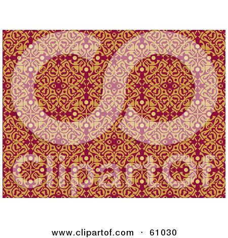 Royalty-free (RF) Clipart Illustration of a Background Pattern Of Ornate Orange Designs On Red by pauloribau