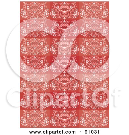 Royalty-free (RF) Clipart Illustration of a Background Pattern Of Red And Pink Rectangles With White Flourishes by pauloribau