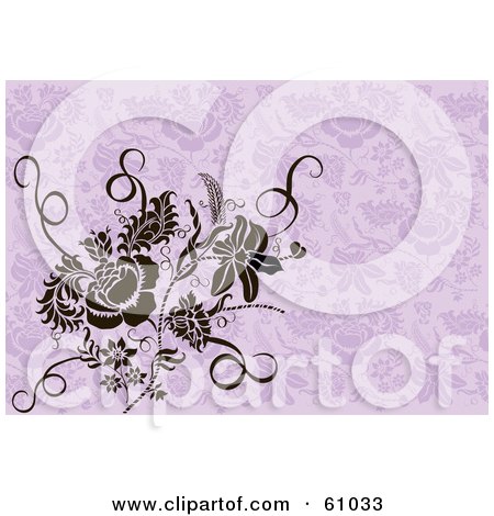 Royalty-free (RF) Clipart Illustration of a Brown Floral Design Element Over A Purple Floral Background by pauloribau