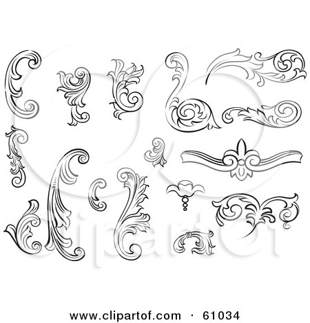 Royalty-free (RF) Clipart Illustration of a Digital Collage Of Black And White Leafy Floral Scrolls And Design Elements - Version 1 by pauloribau