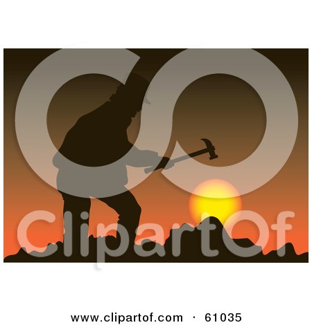 Royalty-free (RF) Clipart Illustration of a Silhouetted Miner Holding A Hammer Against A Sunset by pauloribau