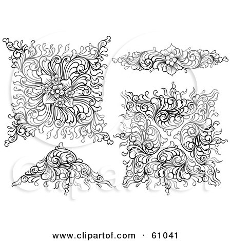 Royalty-free (RF) Clipart Illustration of a Digital Collage Of Four Ornate, Long And Triangular Floral Design Elements by pauloribau