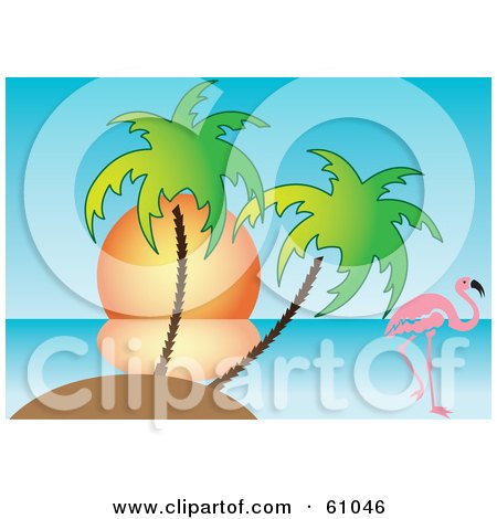 Royalty-free (RF) Clipart Illustration of a Pink Flamingo Near A Tropical Island With Palm Trees Against The Sunset by pauloribau