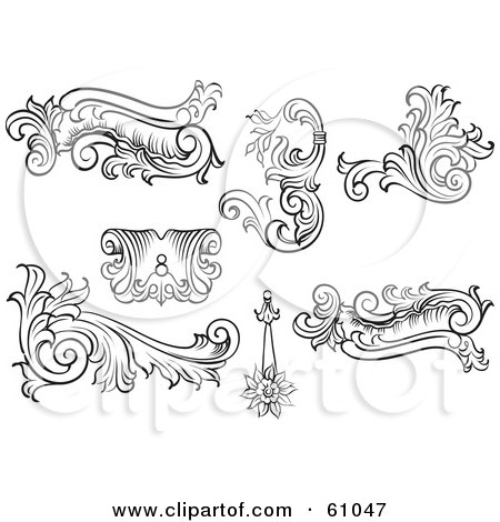 Royalty-free (RF) Clipart Illustration of a Digital Collage Of Black And White Leafy Floral Scrolls And Design Elements - Version 3 by pauloribau