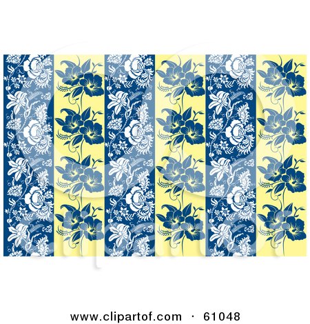 Royalty-free (RF) Clipart Illustration of a Blue, White And Yellow Background Of Floral Panels by pauloribau