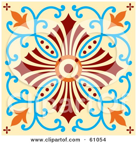 Royalty-free (RF) Clipart Illustration of a Beautiful Orange, Blue, Red And Beige Floral Tile Design by pauloribau